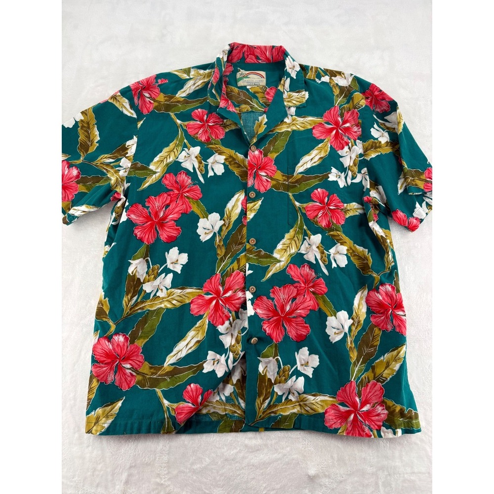 Paradise Found L.L.Bean Mens Large Hawaiian Shirt Teal Floral Cotton Aloha